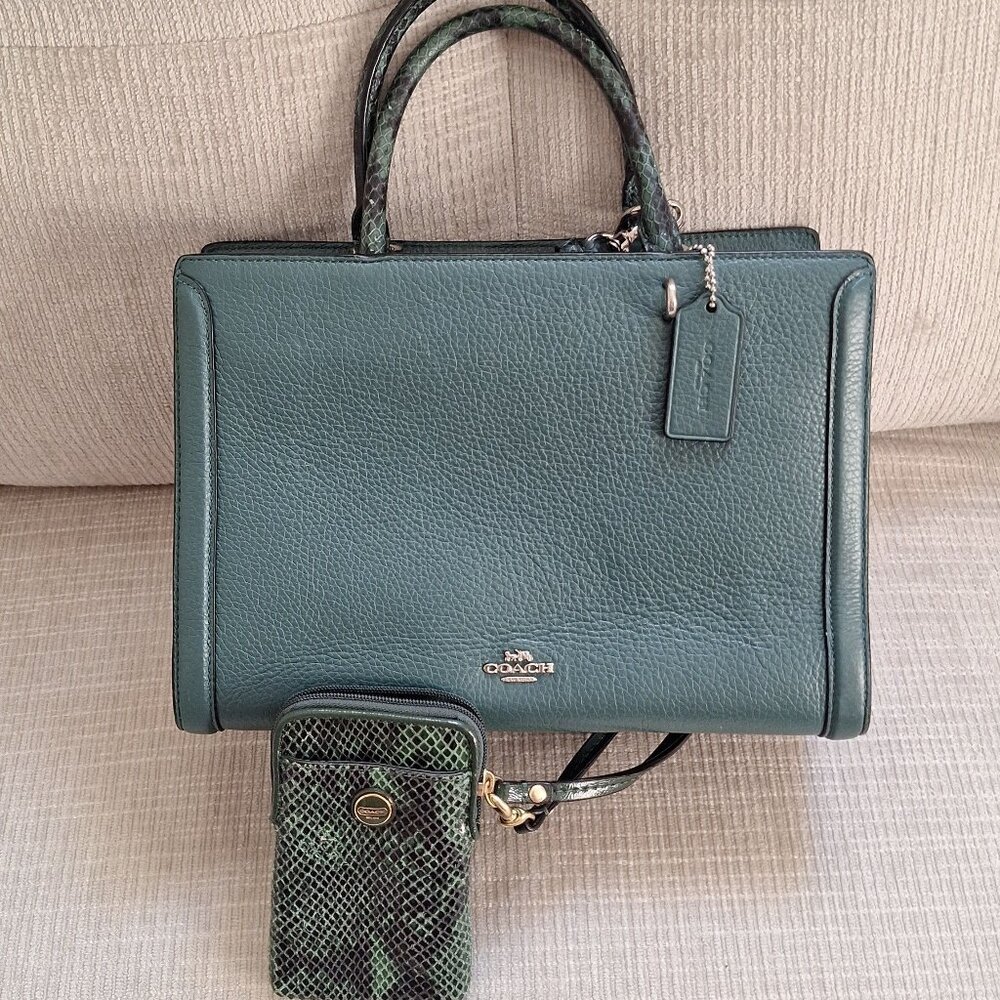 Coach Zoe Carryall handbag Green Snake with Matching Pouch